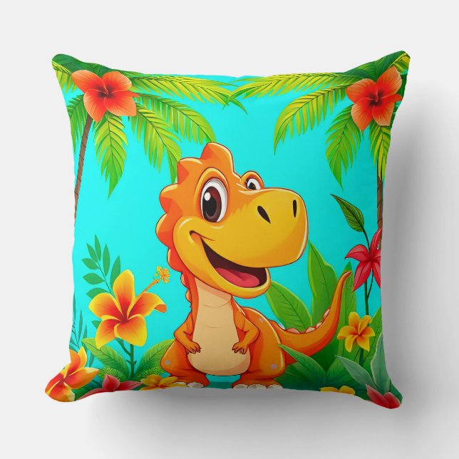 Coussin Dinosaure de dessin animé joyeux dans la jungle tr (Recto)