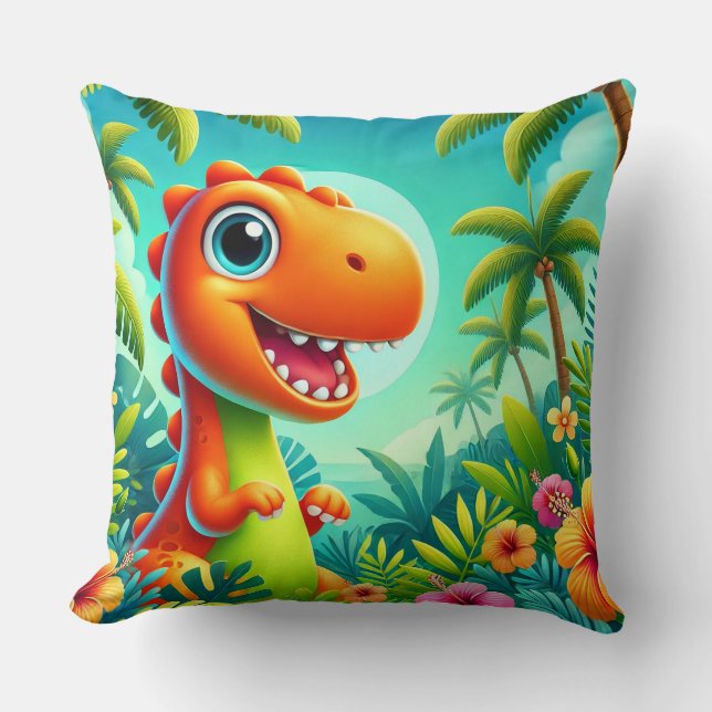 Coussin Dinosaure de dessin animé souriant dans une jungle (Recto)