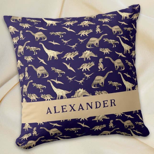 Coussin Dinosaure Mignon Nom Personnalisé Bleu (Cute dinosaur personalized name boy baby navy blue pillow Jurassic dino pattern custom bedroom decor)