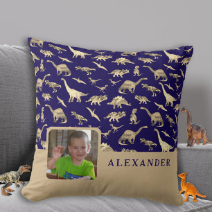 Coussin Dinosaure personnalisé Nom photo bleu