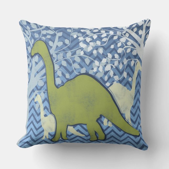 Coussin Dinosaure vert sur le zigzag Chevron - bleu et (Recto)