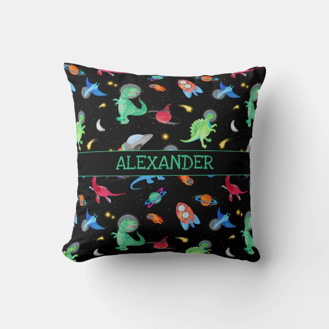 Coussin Dinosaures astronautes à l'aquarelle dans l'espace (Recto)