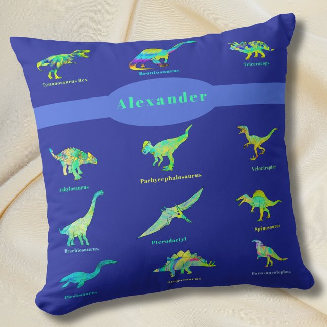Coussin Dinosaures colorés Nom personnalisé (Dinosaurs personalized kids name blue and green pillow Colorful dinos with names boys bedroom decor)
