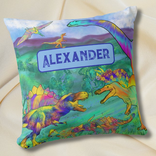 Coussin Dinosaures colorés Nom personnalisé (Colorful dinosaurs kids personalized name bedroom decor pillow Cute dino custom gift)
