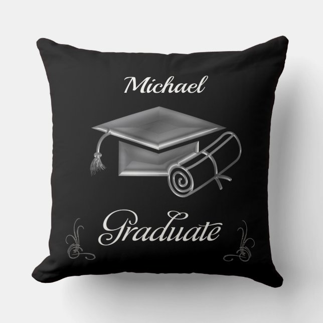 Coussin Diplôme Noir & Argent, Casquette & Diplôme (Recto)