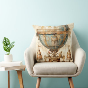 Coussin Dirigeable mécanique vintage Globe bleu sépia