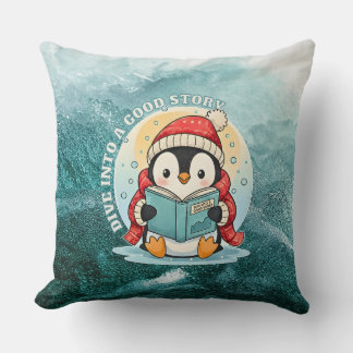 Coussin Dive Into A Good Story Reading Penguin Pillow