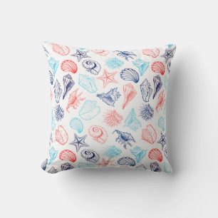 Coussin Divers coquillages bleu rouge ligne art motif