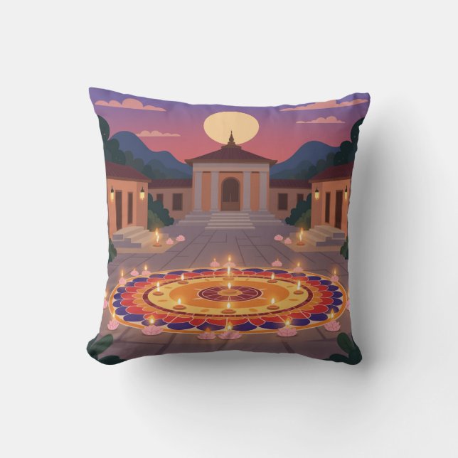 Coussin Diwali 2025 Throw Pillow – Rangoli & Diya Home Dec (Recto)