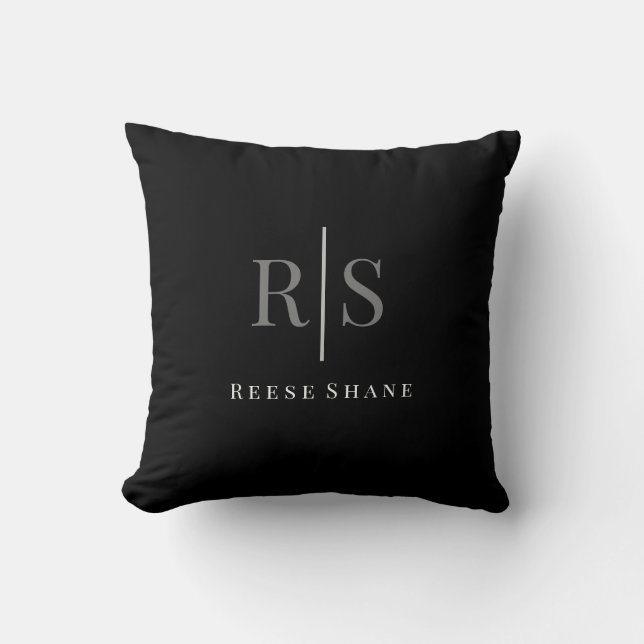 Coussin DIY élégant monogramme gris et nom blanc, noir (Recto)