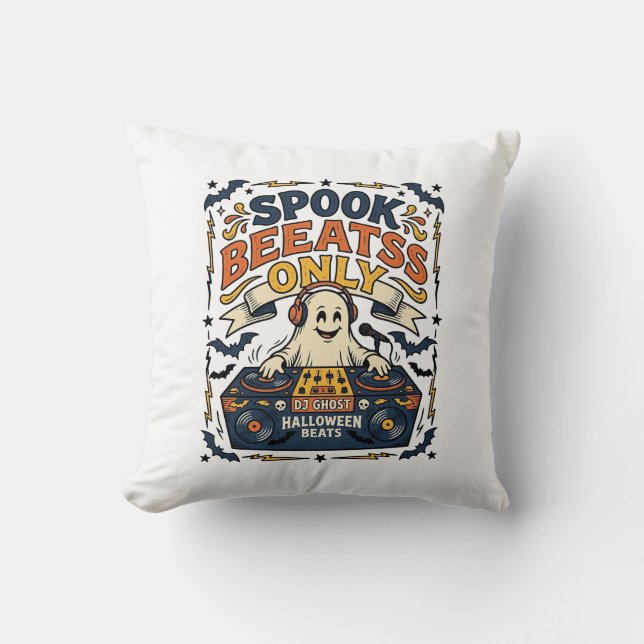 Coussin DJ Ghost Spooky Beats Gravure Vintage Halloween  (Recto)