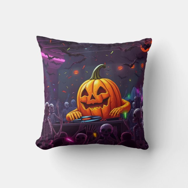 Coussin 🎃 DJ Rave Citrouille Halloween brillant d'esprit (Recto)