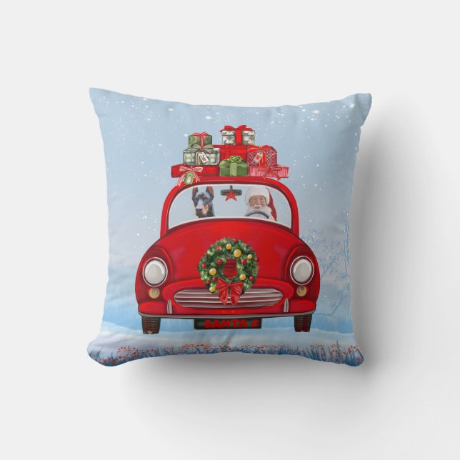 Coussin Doberman avec le Père Noël en voiture (Recto)