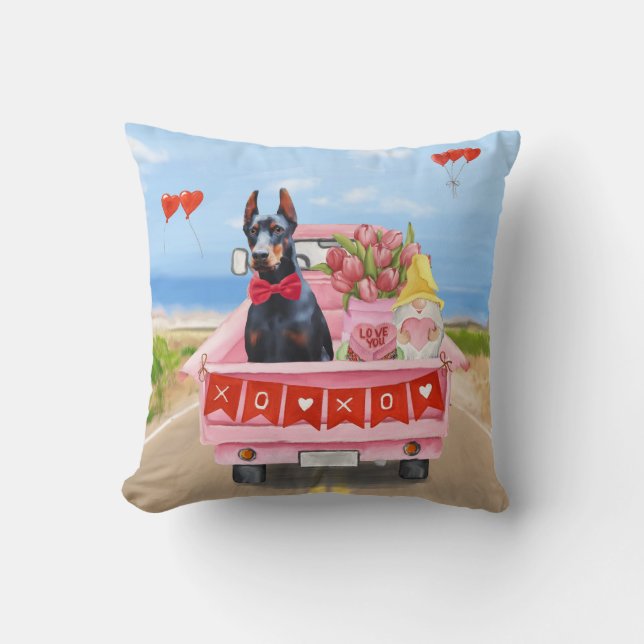 Coussin Doberman Chien Saint-Valentin Coeurs de camion (Recto)
