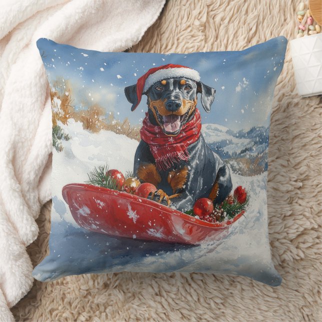 Coussin Doberman en traîneau 'Laissez tomber la neige' Noë (Couverture)