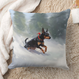 Coussin Doberman Pinscher neige de Noël hiver