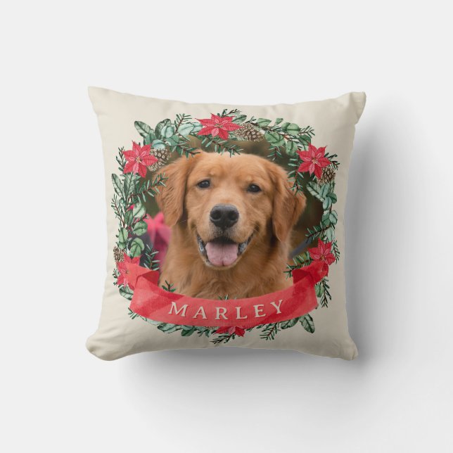 Coussin Dog Photo and Name Poinsettia Wreath Holiday Plaid (Recto)