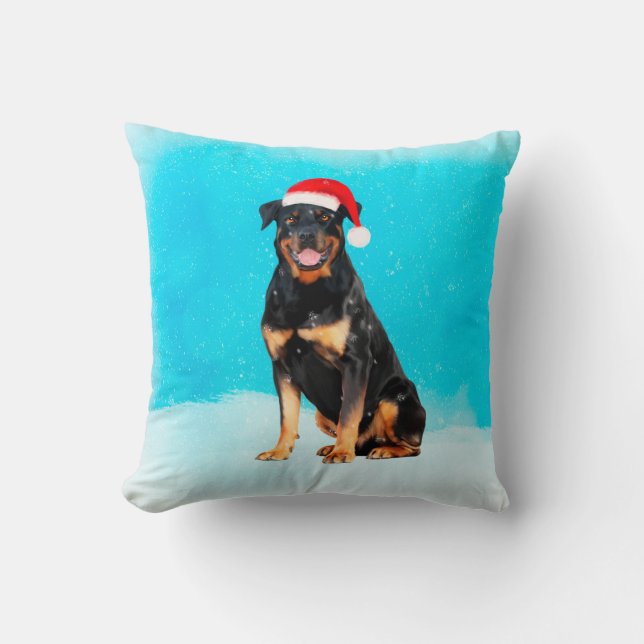 Coussin Doigt Rottweiler en neige avec le chapeau du Père  (Recto)