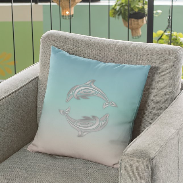 Coussin Dolphin d'argent Turquoise moderne Maritime (Créateur téléchargé)