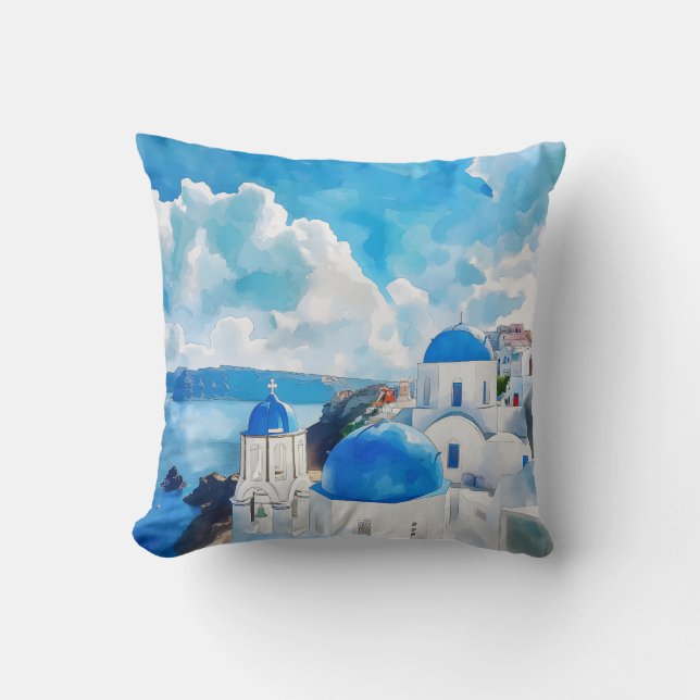 Coussin "Domes bleus de Santorin - Aquarelle Art" (Recto)