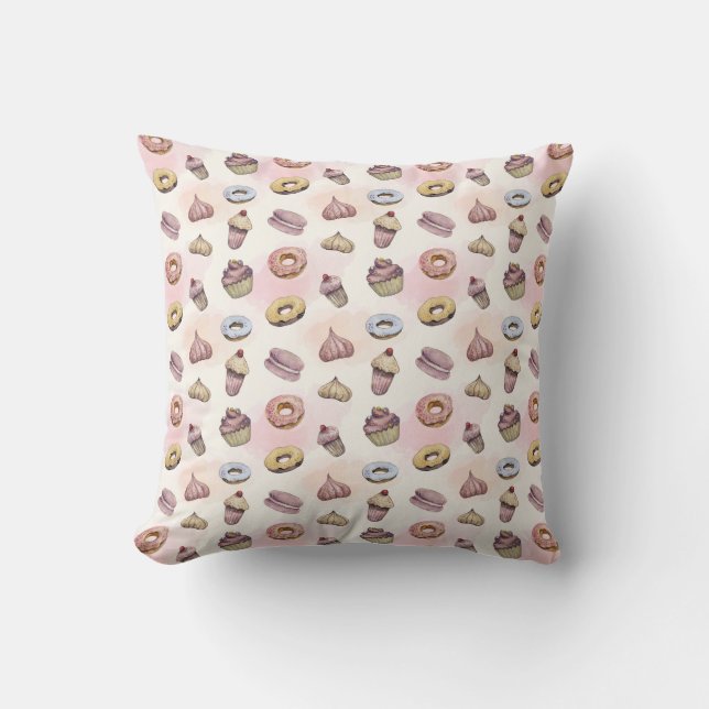 Coussin Donuts Cupcakes Rose Aquarelle Fantaisiste Tendanc (Recto)