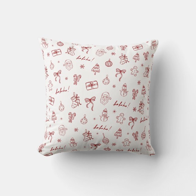 Coussin Doodle Dessiné à la Main Fantaisiste Rouge (Recto)