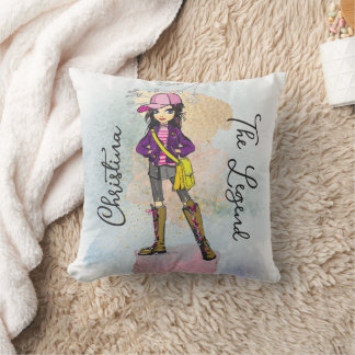 Coussin Doodle Girl with Dark Hair Gold Name
