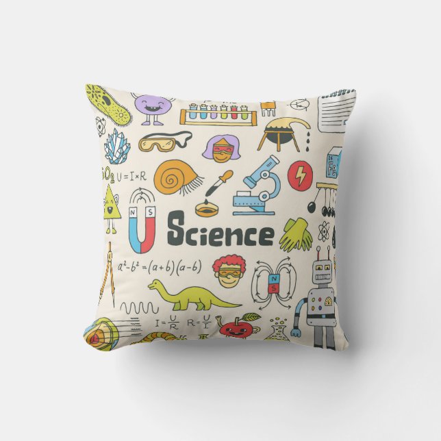 Coussin Doodles de science : Ensemble d'écoles à main. (Recto)