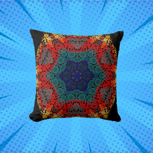 Coussin Dot Mandala Fleur Jaune Bleu et Rouge