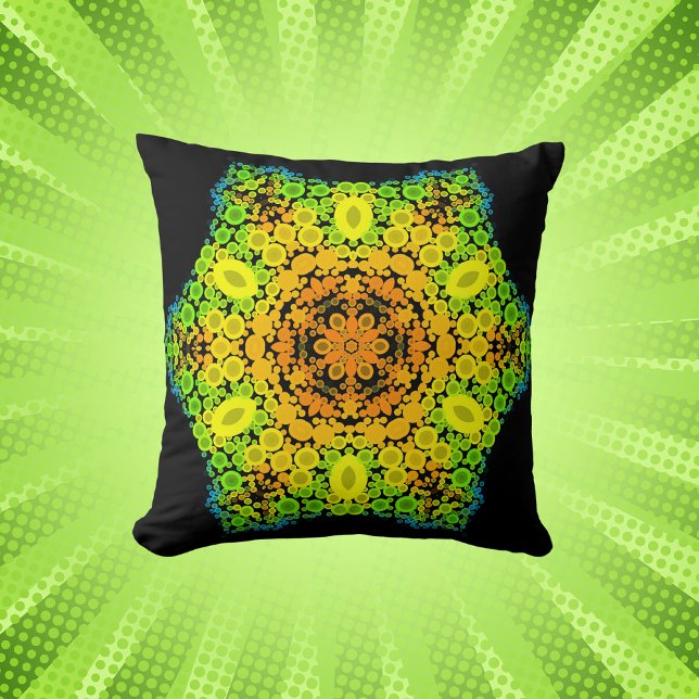 Coussin Dot Mandala Fleur orange jaune vert et bleu (Créateur téléchargé)