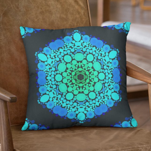 Coussin Dot Mandala Flower bleu et vert (Créateur téléchargé)