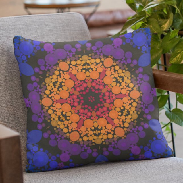 Coussin Dot Mandala Flower jaune violet et bleu (Créateur téléchargé)