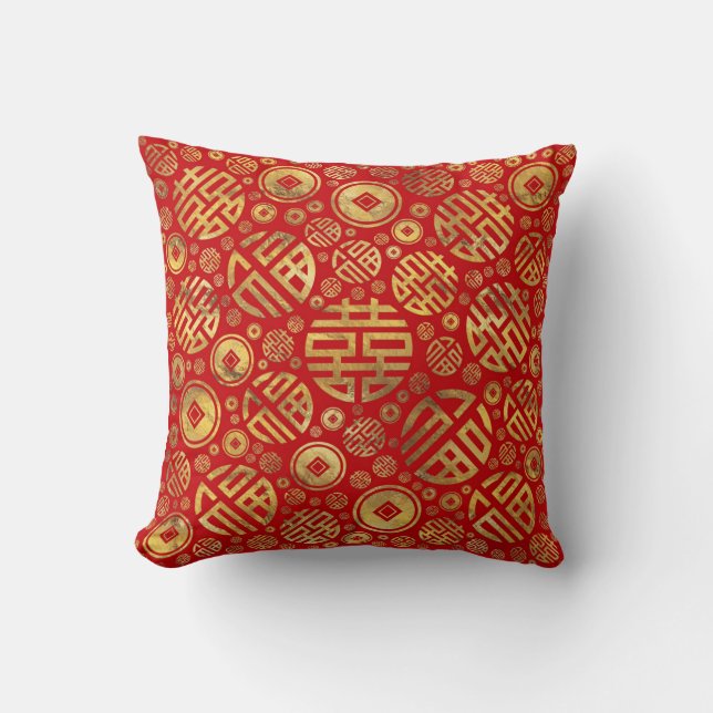 Coussin Double bonheur et motif chinois de pièces de (Recto)