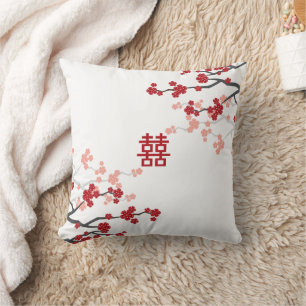 Coussin Double Bonheur Mariage chinois fleurs cerises