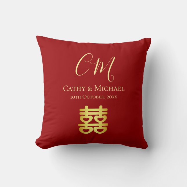 Coussin Double bonheur rouge initiales de mariage chinois (Recto)