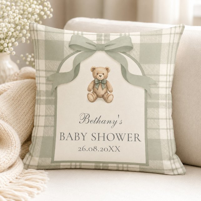 Coussin Douce Fête de Naissance Ourson Gingham Vert Sauge (Sage Green Gingham Teddy Bear Throw Pillow)