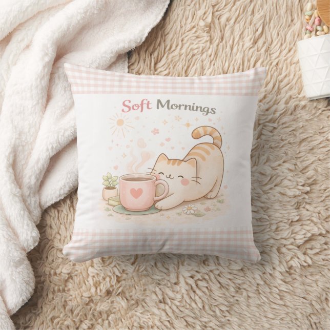 Coussin Douce matinée Mignon chaton rose à carreaux Maison (Couverture)