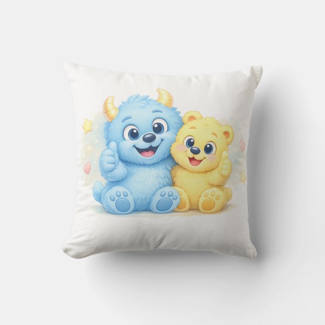 Coussin Douce Monstre Bleu et Jaune Meilleurs Amis (Recto)