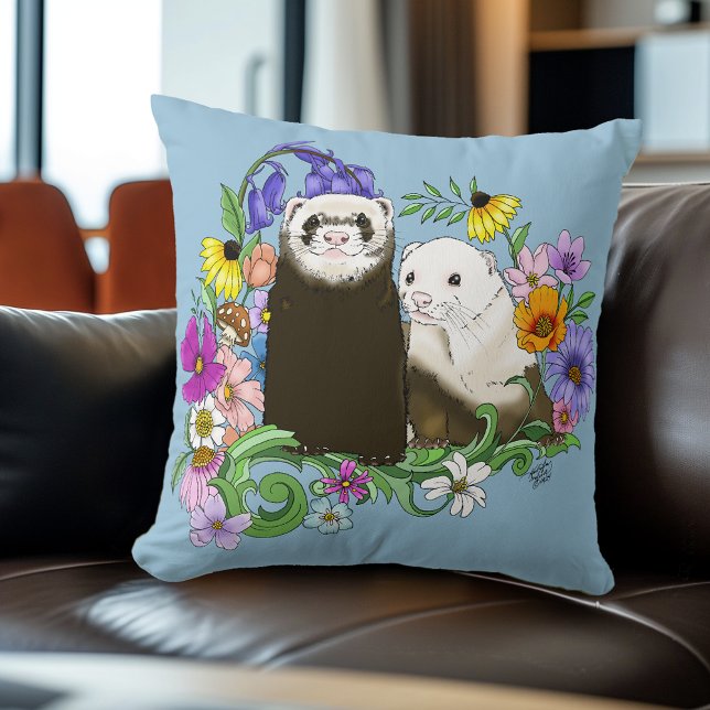 Coussin Douce Paire de Furets Floraux Bleus Fantaisistes  (Créateur téléchargé)