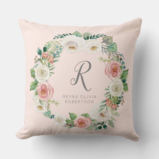 Coussin Douce petite fille | Monogramme Nom Blush Couronne (Recto)