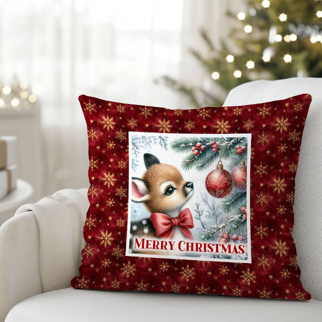 Coussin Douce scène hivernale de bébé faon pour la décorat (Sweet Baby Fawn Winter Scene Kids Room Decor Christmas Pillow

)
