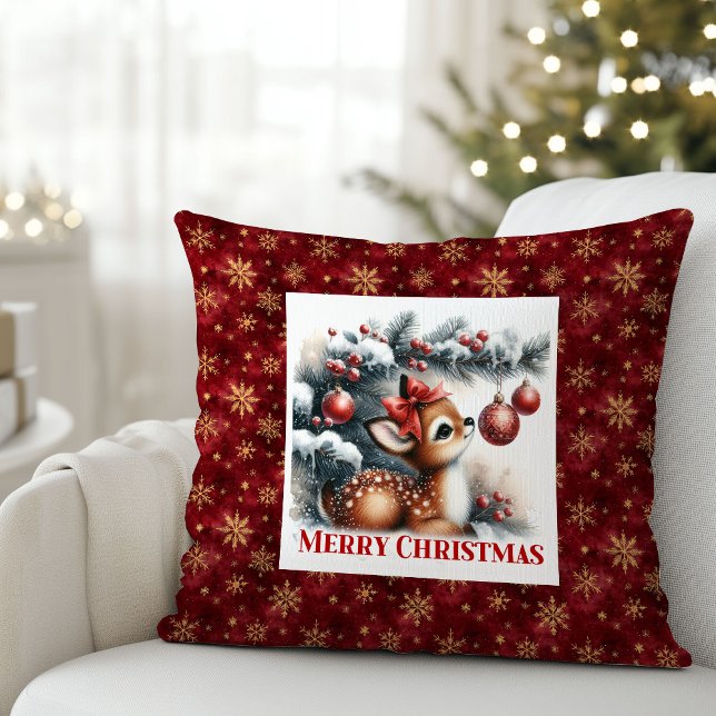 Coussin Douce scène hivernale de bébé faon pour la décorat (Sweet Baby Fawn Winter Scene Kids Room Decor Christmas Pillow

)
