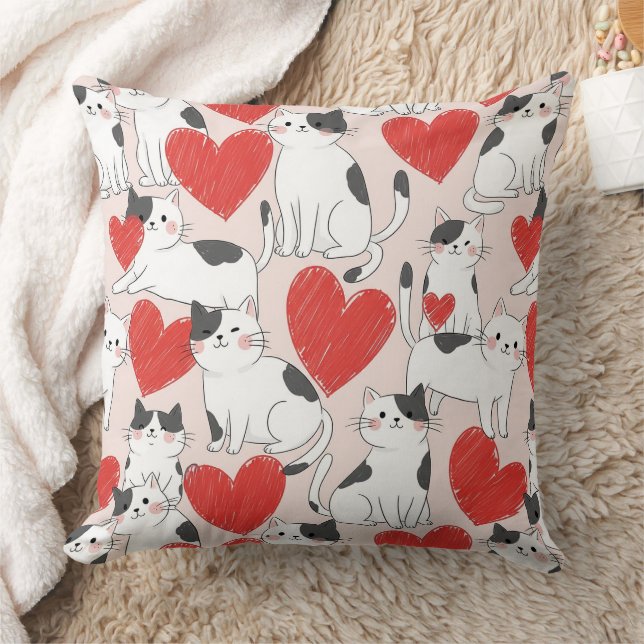 Coussin Doux motif chats kawaii roses et coeurs (7) (Couverture)