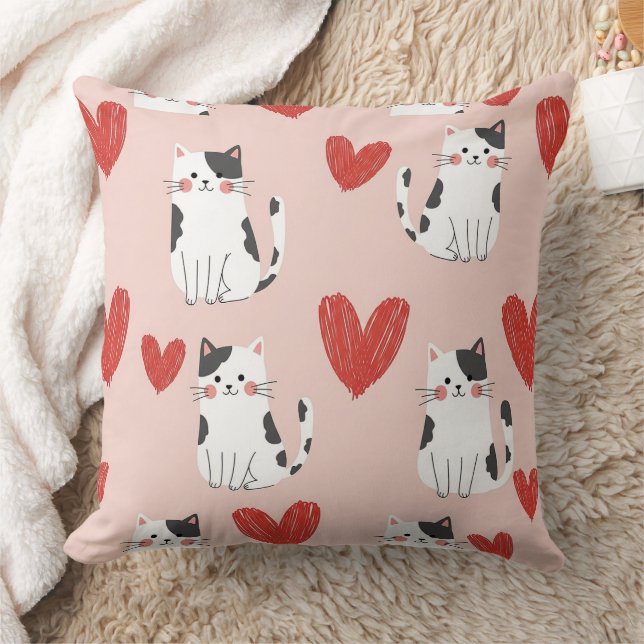 Coussin Doux motif kawaii chats roses & coeurs (2) (Couverture)