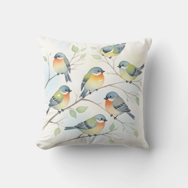 Coussin Doux Oiseaux Chanteurs sur Branches Floral Aquarel (Recto)