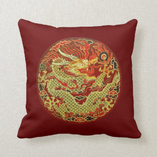 Coussin Dragon asiatique d'or brodé sur rouge foncé