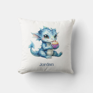 Coussin Dragon Bébé Bleu Mange un Cupcake