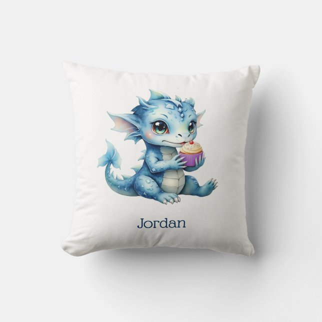 Coussin Dragon Bébé Bleu Mange un Cupcake (Recto)