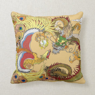Coussin Dragon chinois et phoenix
