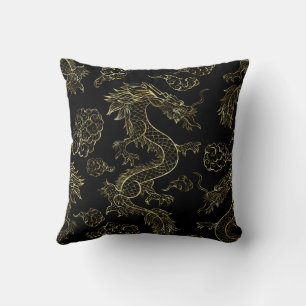 Coussin Dragon chinois or et noir